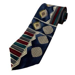 Oscar De La Renta Mens Necktie Blue Red Silk Geometric Pattern Career Church